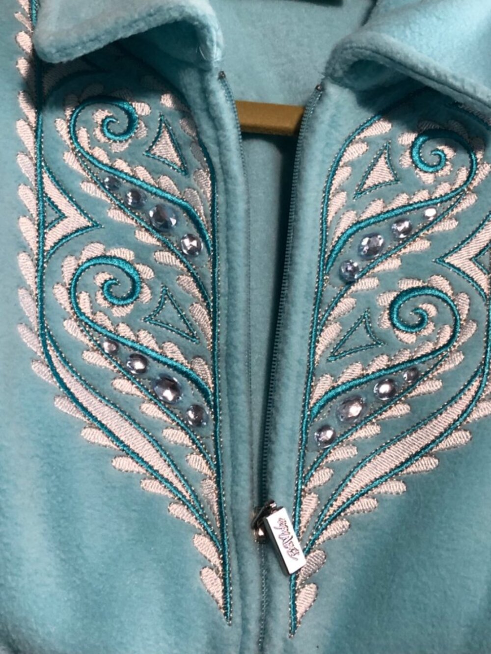 Bob Mackie Wearable Art Turquoise Embroidered Loungewear Robe Zipper Front Sz L